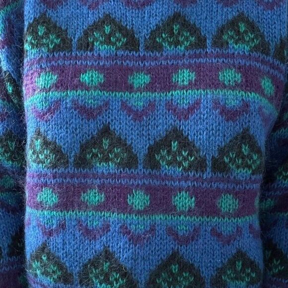 Vintage 1980s Gallagher Blue Mohair Fluffy Geometric Retro Preppy Sweater Sz M - Picture 8 of 8